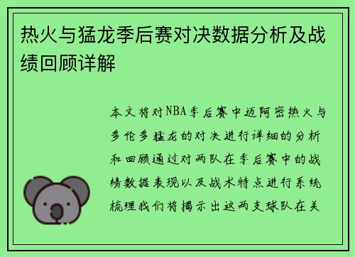 热火与猛龙季后赛对决数据分析及战绩回顾详解